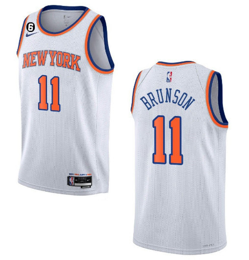 Men's New Yok Knicks #11 Jalen Brunson White With NO.6 Patch Stitched Basketball Jersey